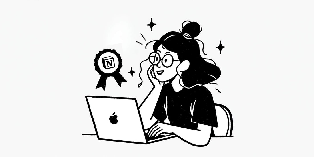 Illustration of a smiling woman working on her laptop with a Notion certification badge floating beside her.